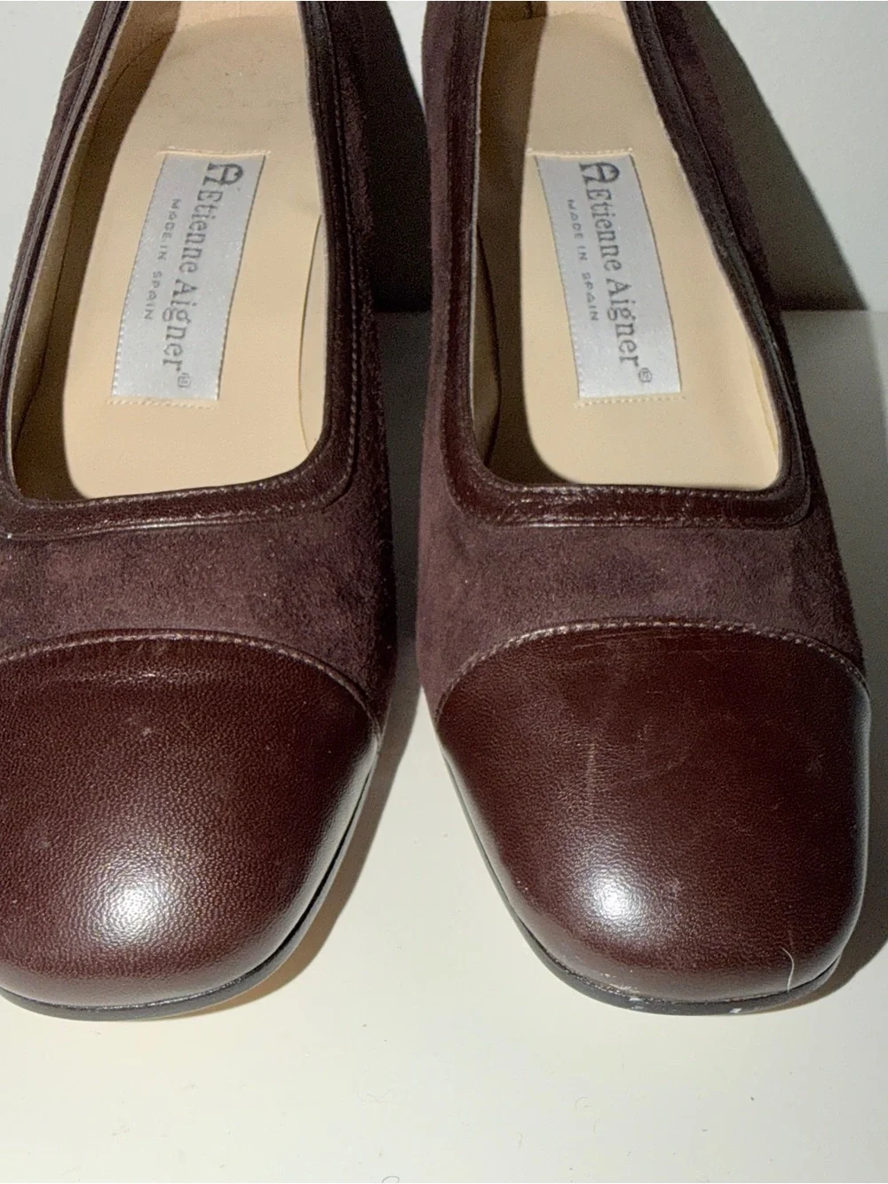 Etienne Aigner Women’s Sz 6M‎ Heels. Brown Suede with leather toe.  3” Heel.